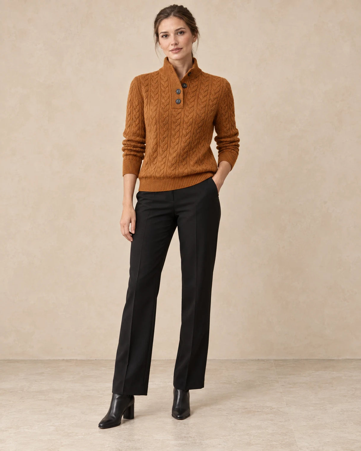 Trui dames kraag knopen cognac - Havlin