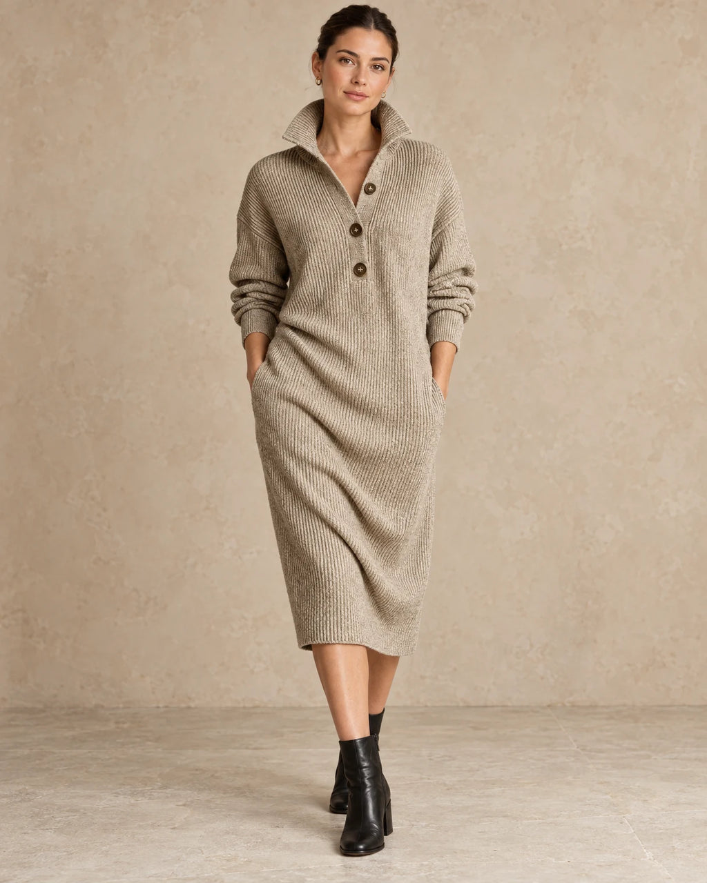 Gebreide jurk dames opstaande kraag khaki - Havlin