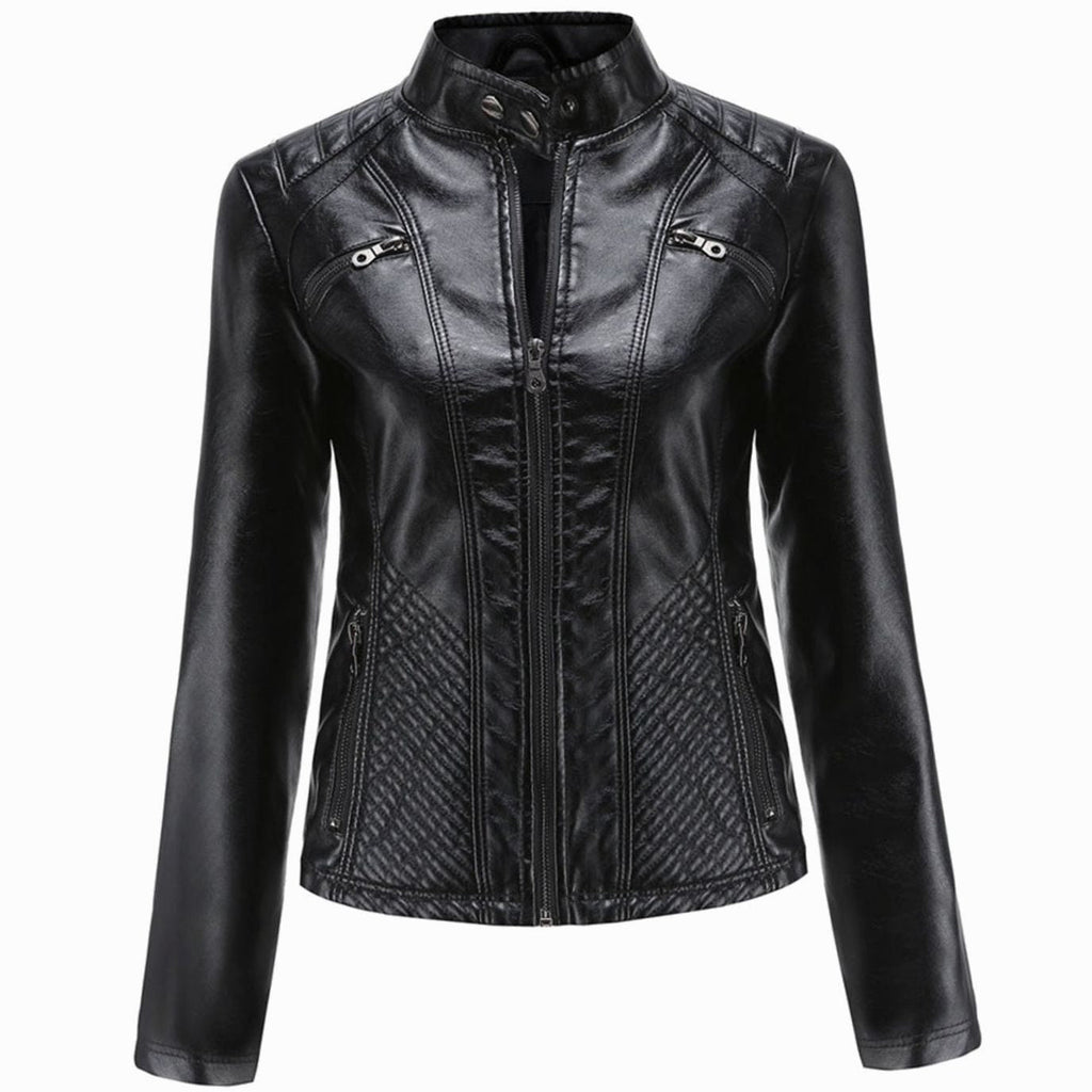 Faux Leren Damesjas Biker met Fur Kraag in Zwart, productfoto 2