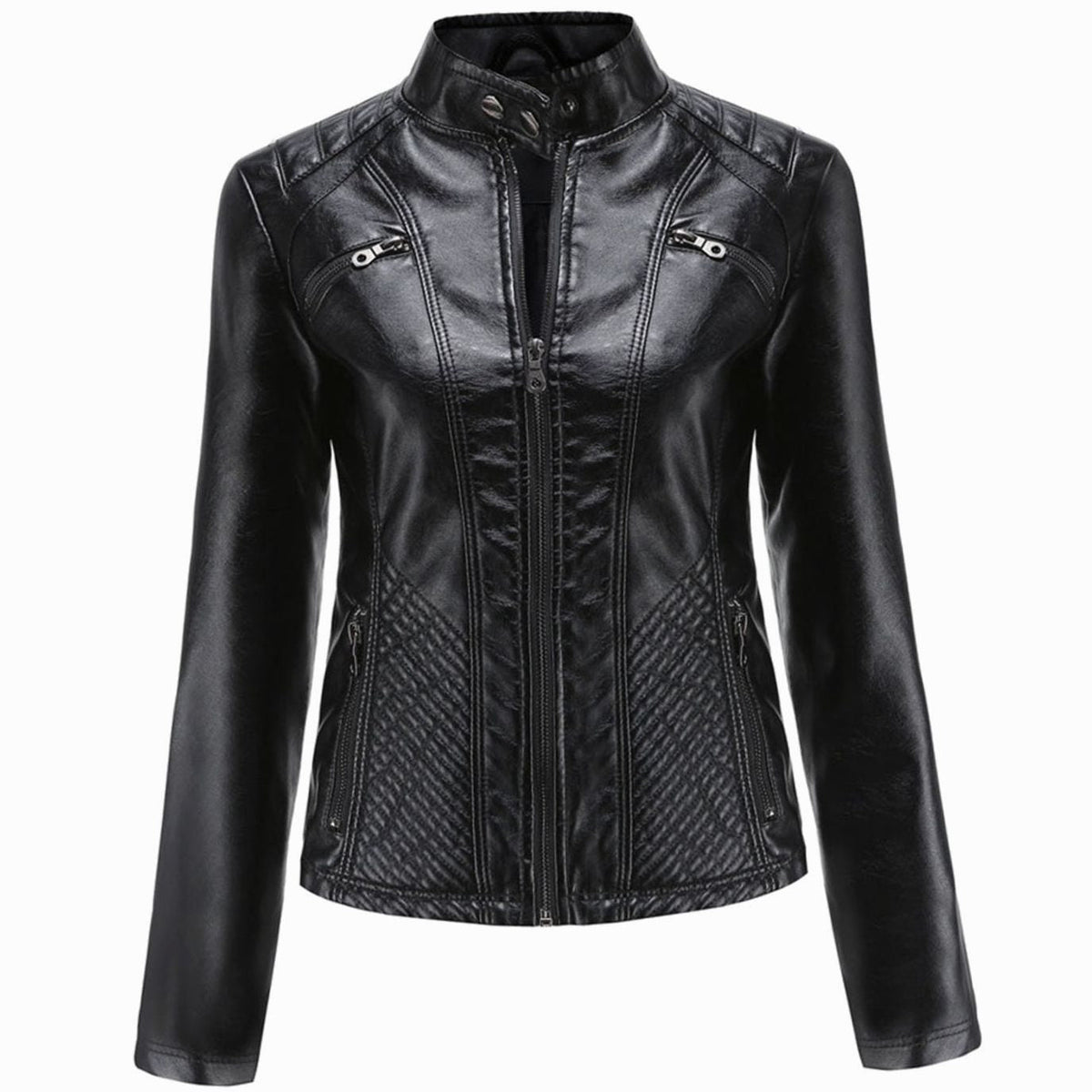 Faux Leren Damesjas Biker met Fur Kraag in Zwart, productfoto 2