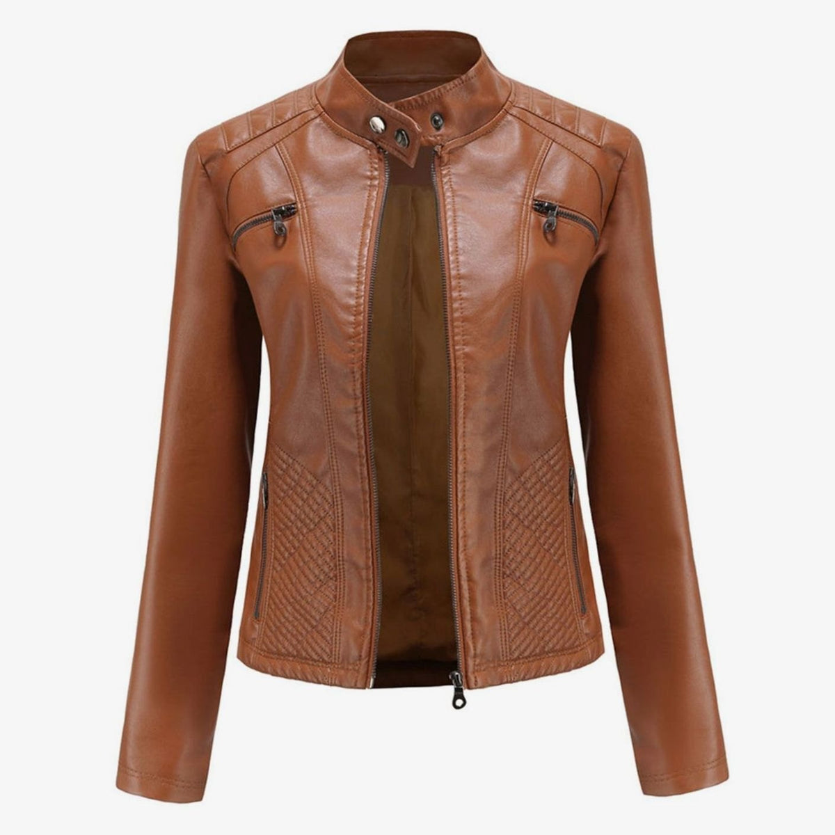 Faux Leren Damesjas Biker met Fur Kraag in Camel, productfoto 3