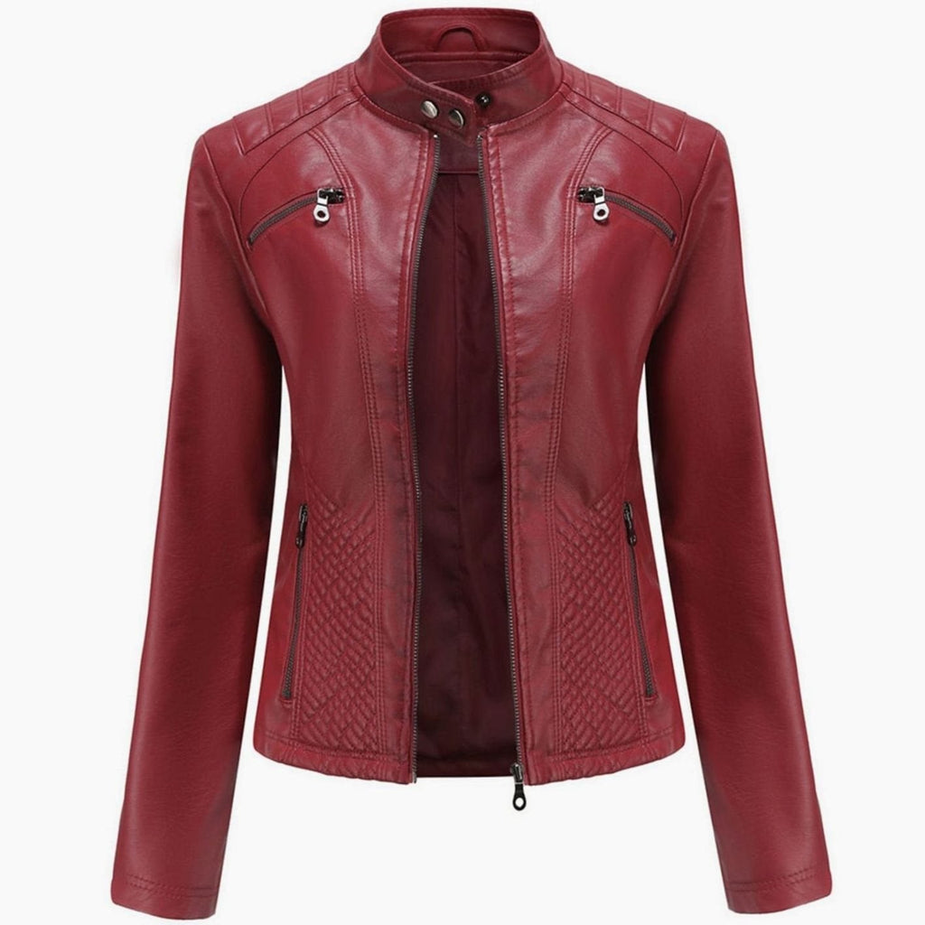 Faux Leren Damesjas Biker met Fur Kraag in Bordeauxrood, productfoto 4