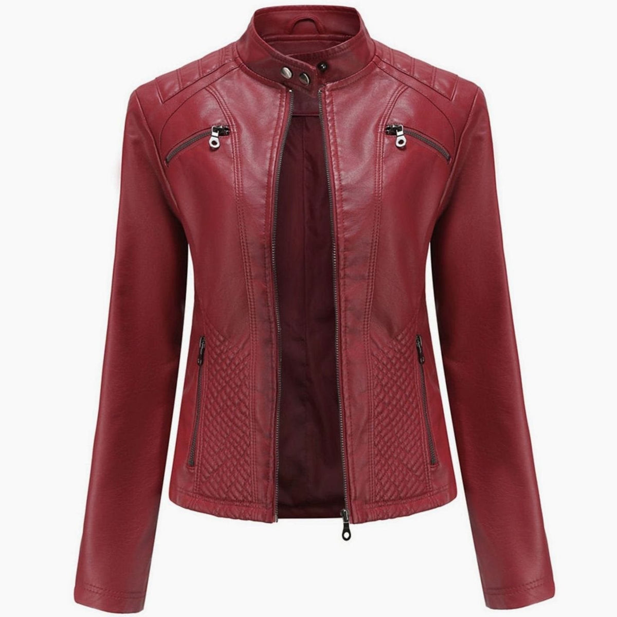 Faux Leren Damesjas Biker met Fur Kraag in Bordeauxrood, productfoto 4