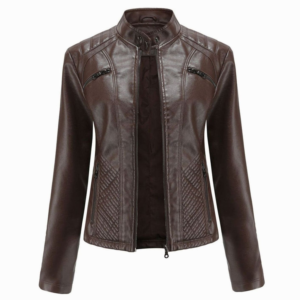 Faux Leren Damesjas Biker met Fur Kraag in Bruin, productfoto 5