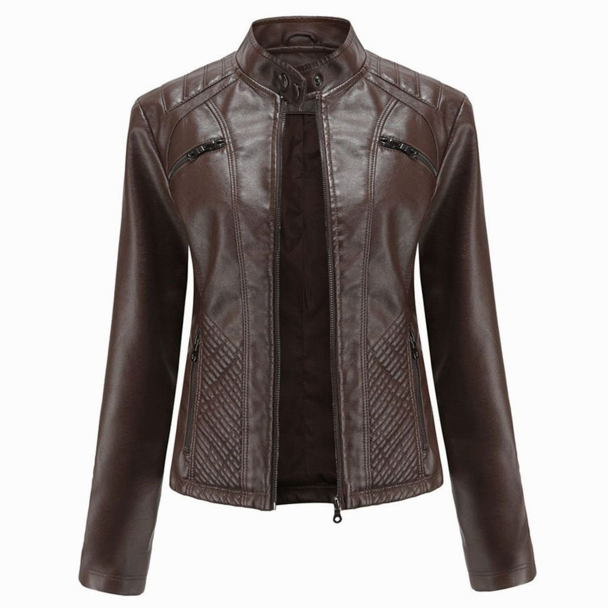 Faux Leren Damesjas Biker met Fur Kraag in Bruin, productfoto 5