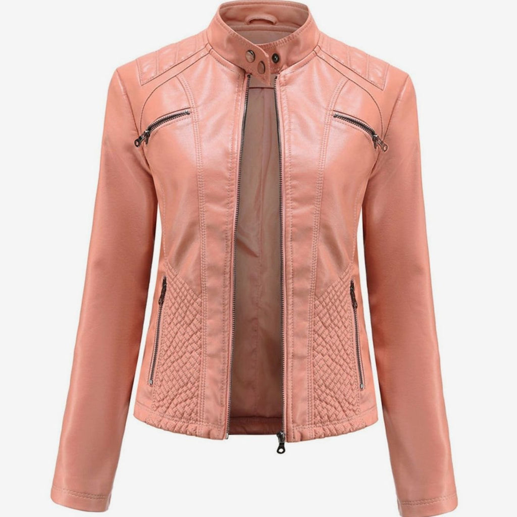 Faux Leren Damesjas Biker met Fur Kraag in Roze, productfoto 6