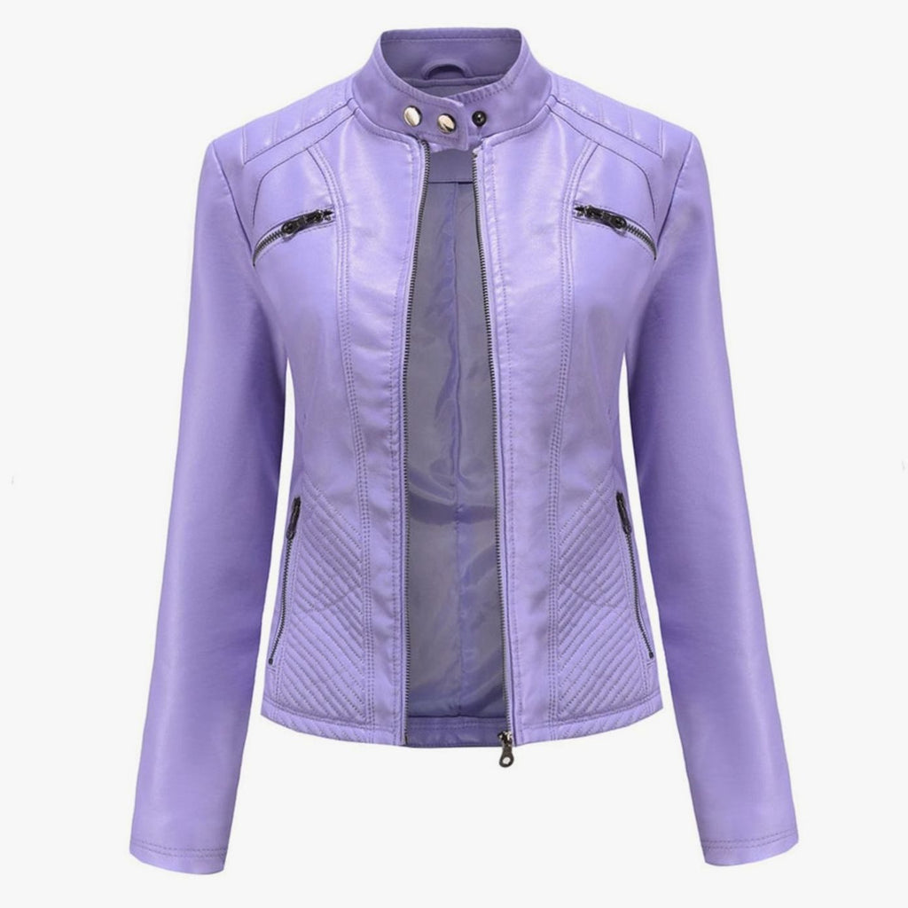 Faux Leren Damesjas Biker met Fur Kraag in Paars, productfoto 7