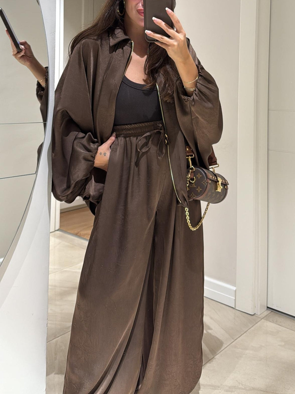 Co Ord Set Dames met Jasje en Wijde Broek in Bruin, productfoto 10