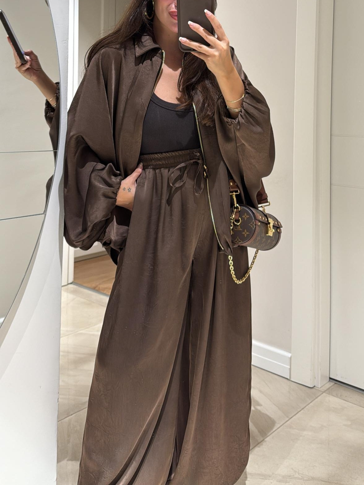 Co Ord Set Dames met Jasje en Wijde Broek in Bruin, productfoto 10