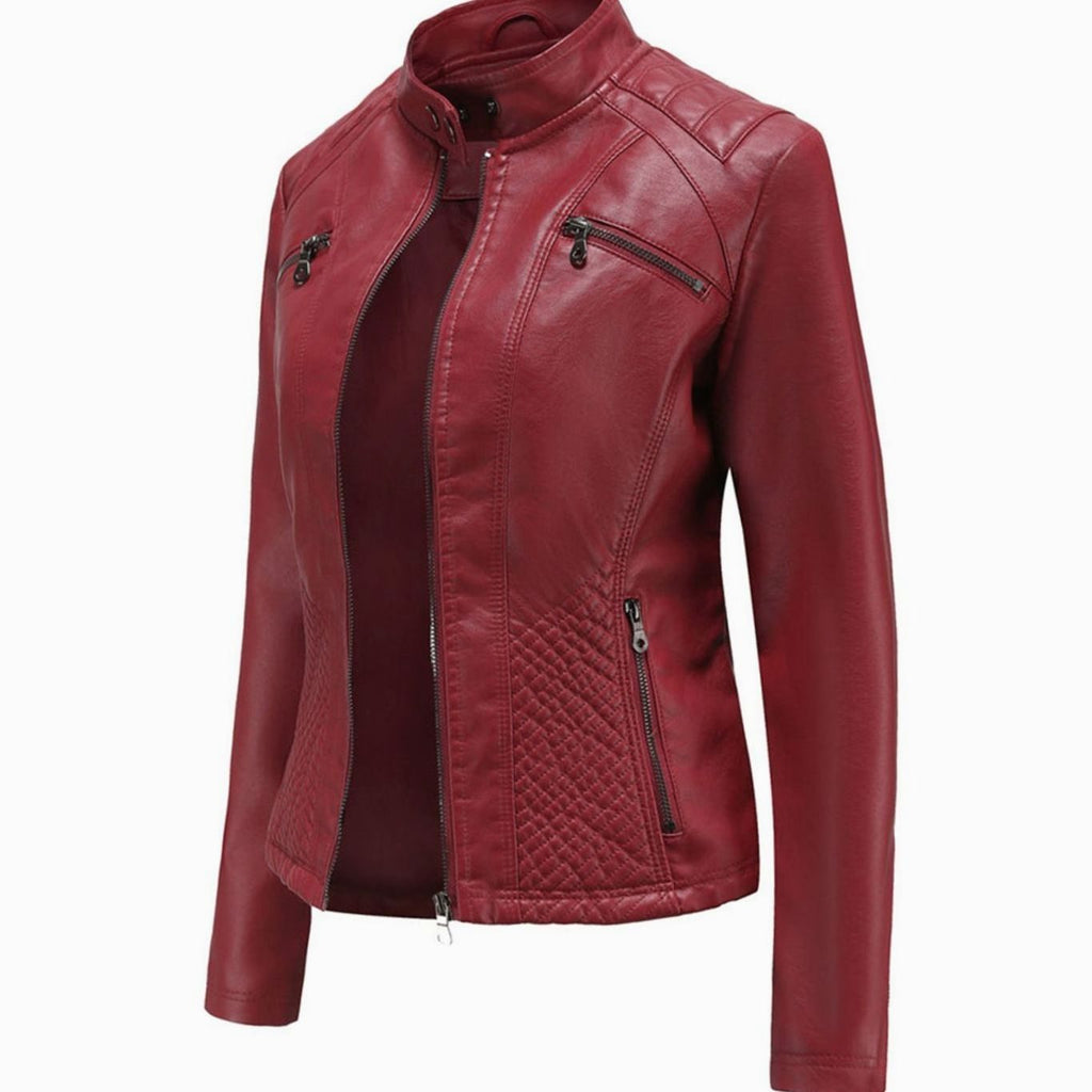 Faux Leren Damesjas Biker met Fur Kraag in Bordeauxrood, productfoto 11