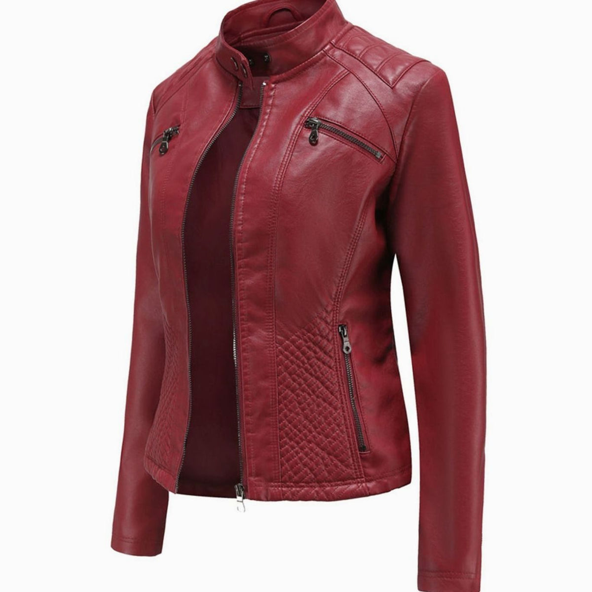 Faux Leren Damesjas Biker met Fur Kraag in Bordeauxrood, productfoto 11