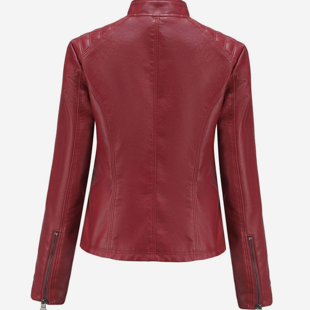 Faux Leren Damesjas Biker met Fur Kraag in Bordeauxrood, productfoto 9