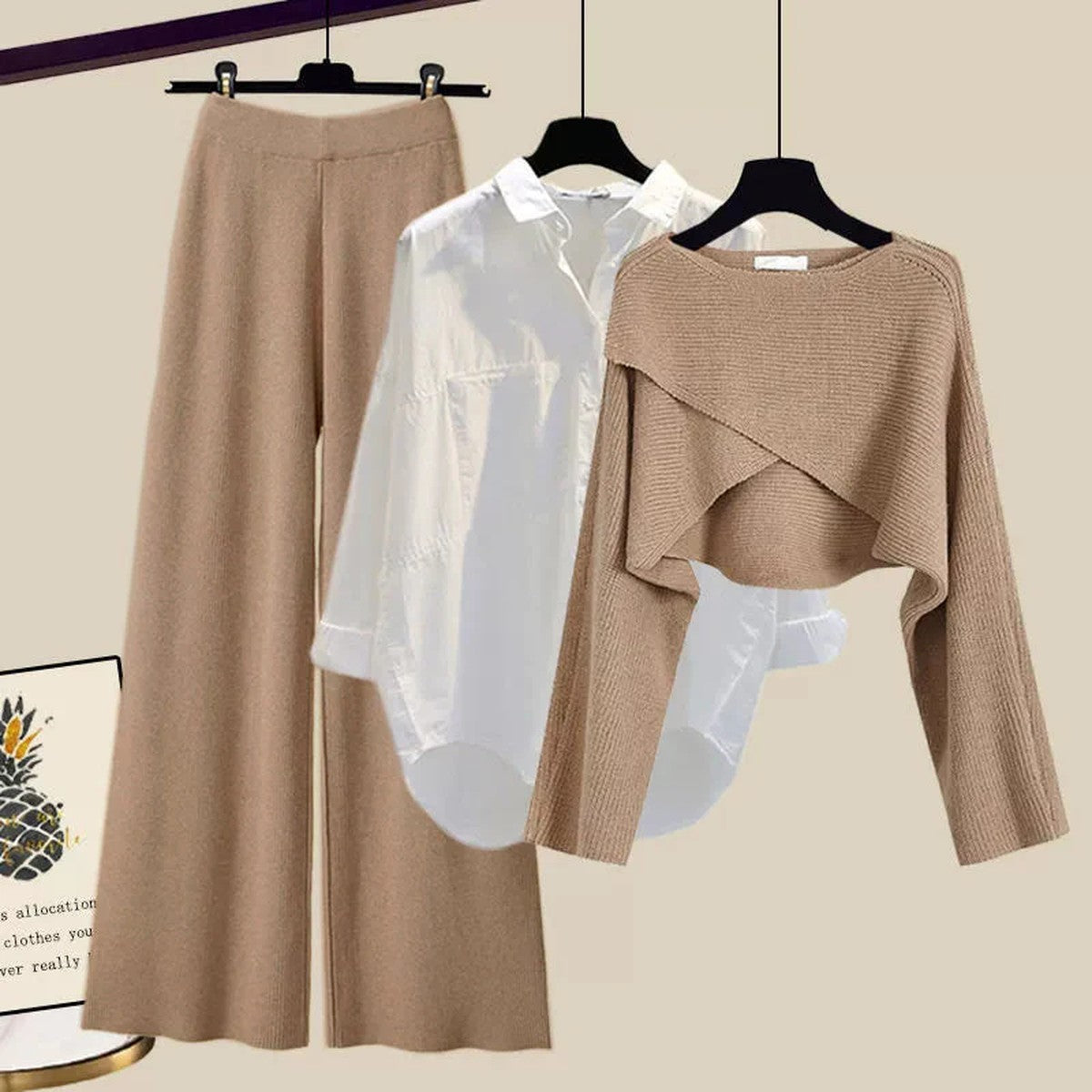 Gebreide Co Ord Set Dames Driedelig in Bruin, productfoto 1