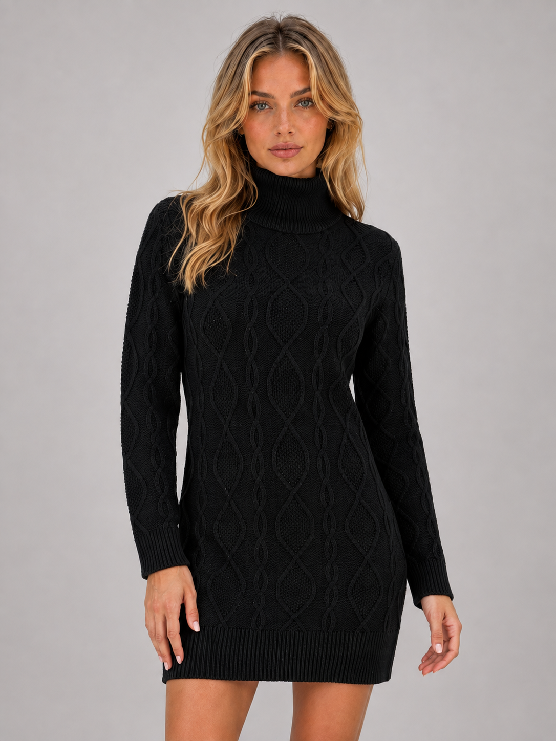 Gebreide Trui Jurk Dames met Col in Zwart, productfoto 2