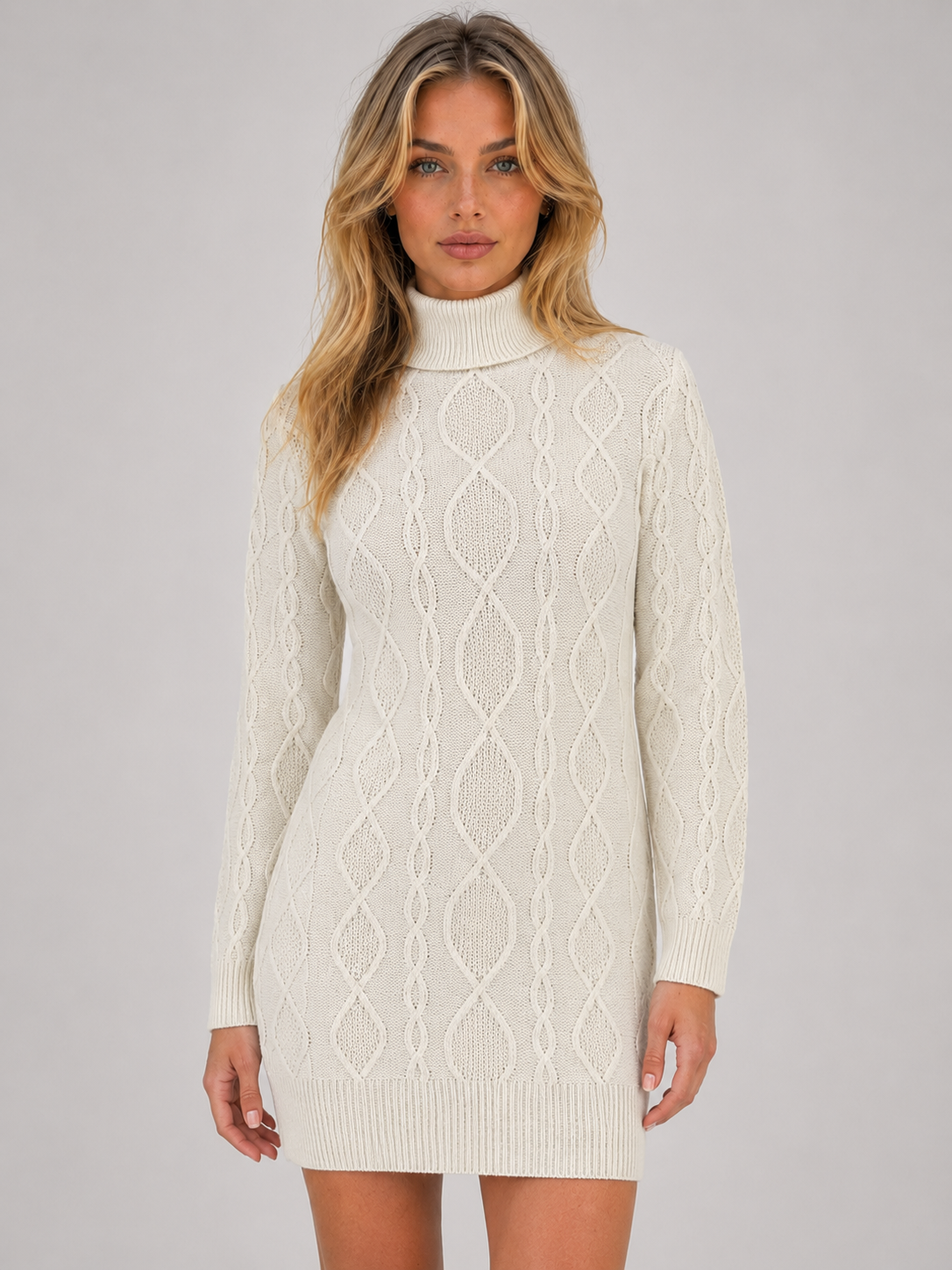 Gebreide Trui Jurk Dames met Col in Creme, productfoto 3