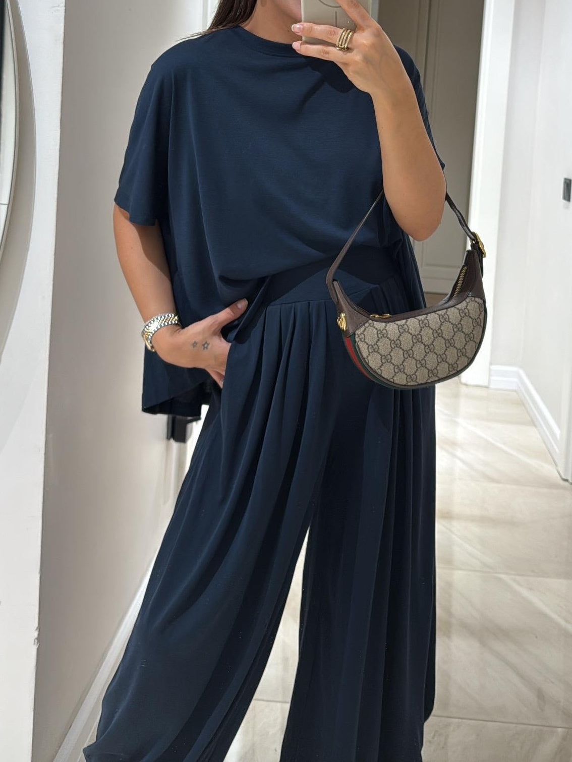 Co Ord Set Dames met Geplooide Wijde Broek in Marineblauw, productfoto 7