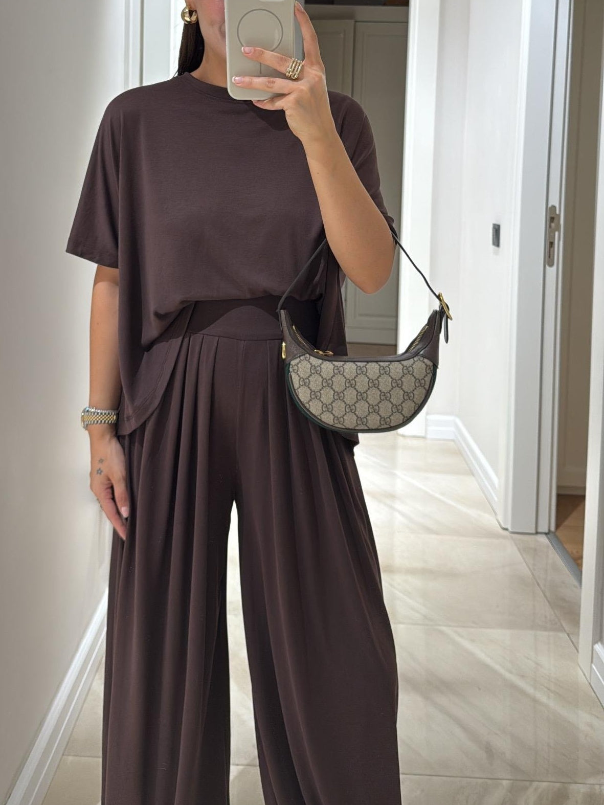 Co Ord Set Dames met Geplooide Wijde Broek in Bruin, productfoto 8