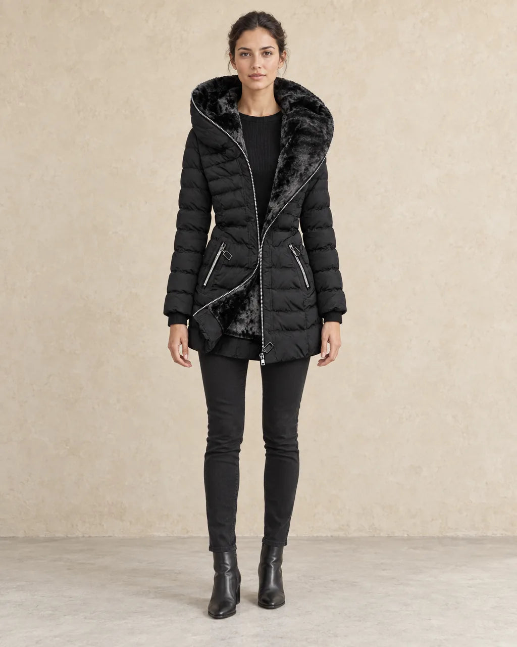 Lange Winterjas Dames in zwart, gedragen door model, vooraanzicht