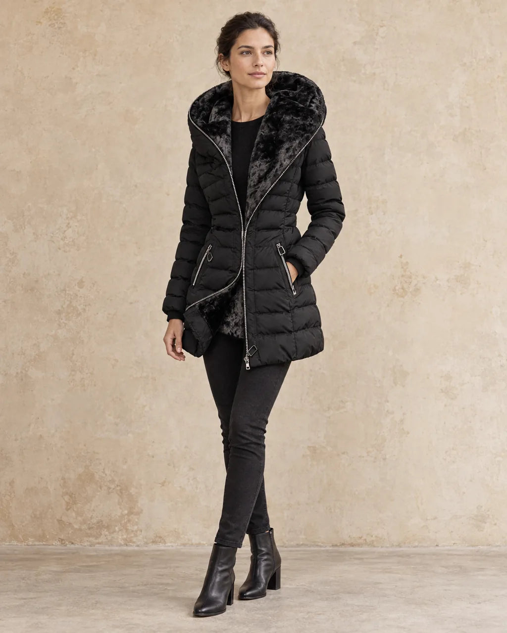 Lange Winterjas Dames in zwart, gedragen door model, driekwart aanzicht