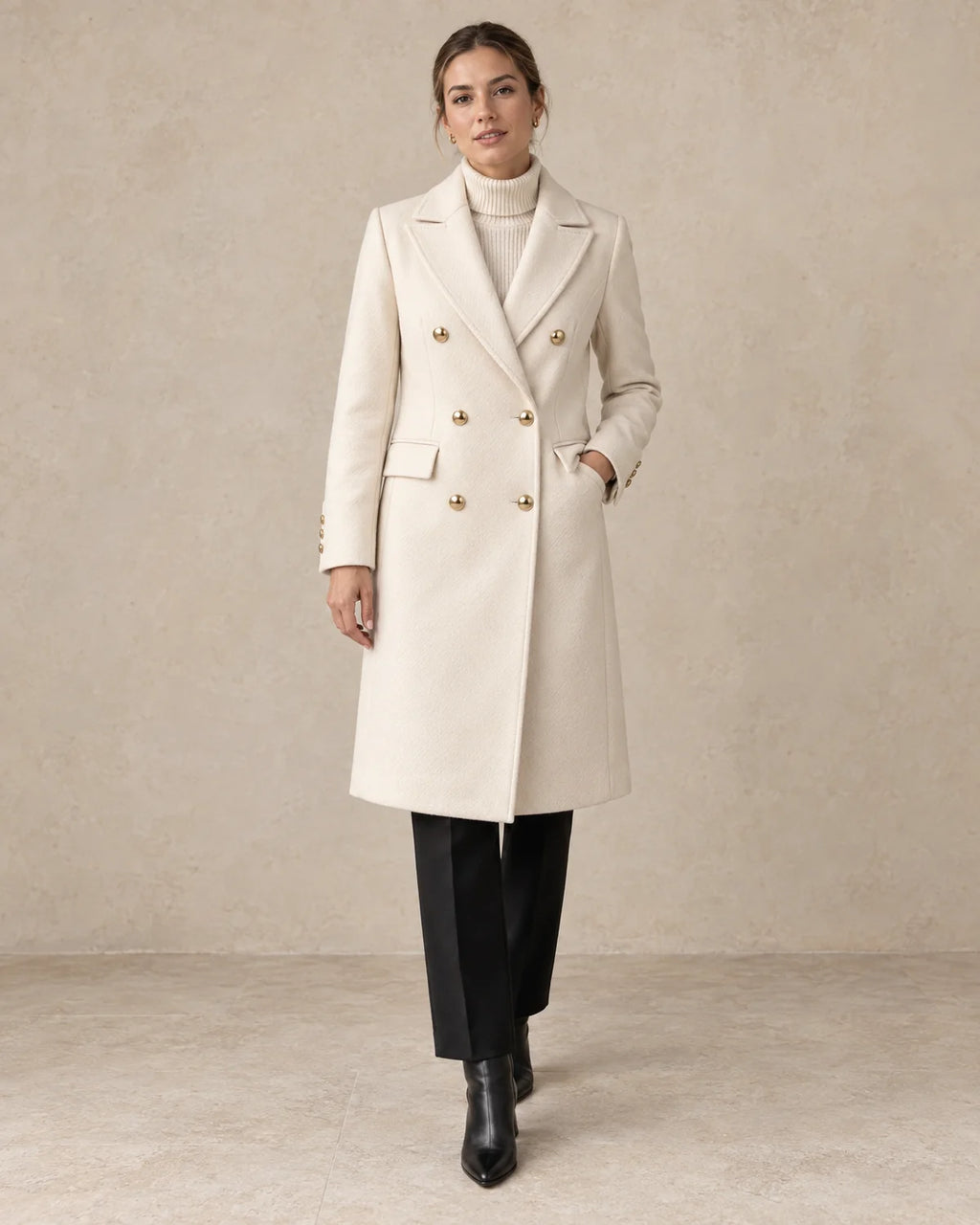 Nette Knielange Winterjas Dames in Beige, gedragen door model, vooraanzicht