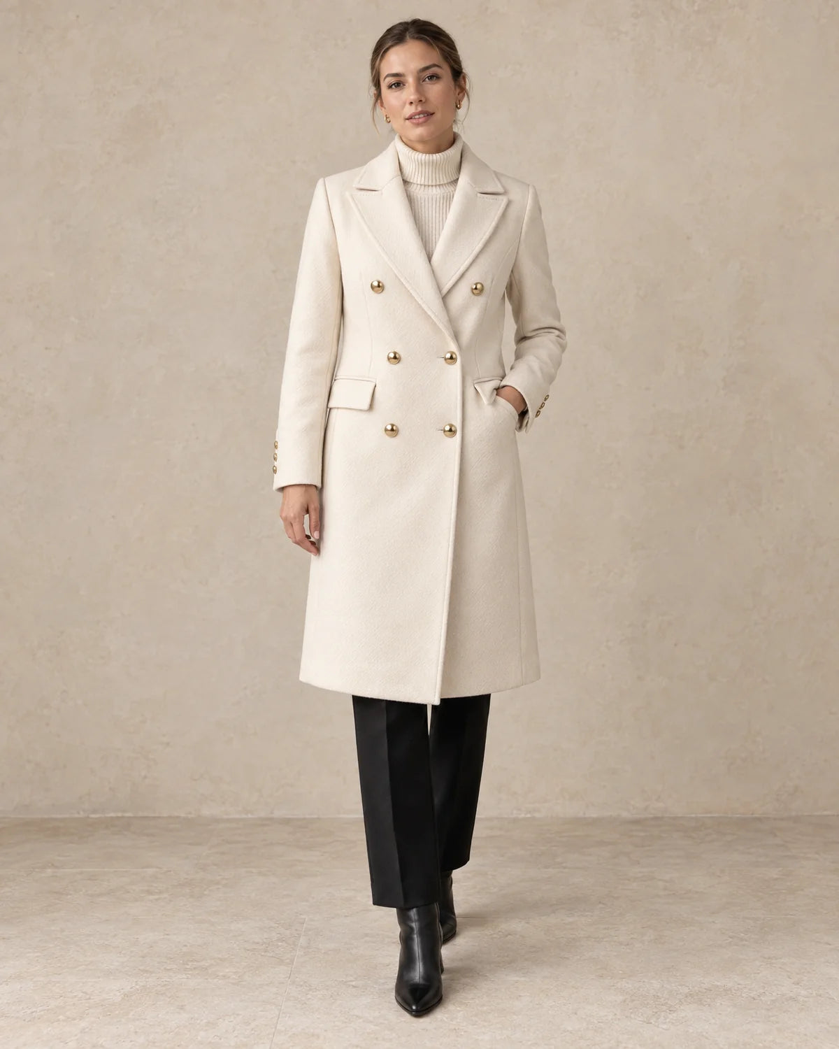 Nette Knielange Winterjas Dames in Beige, gedragen door model, vooraanzicht