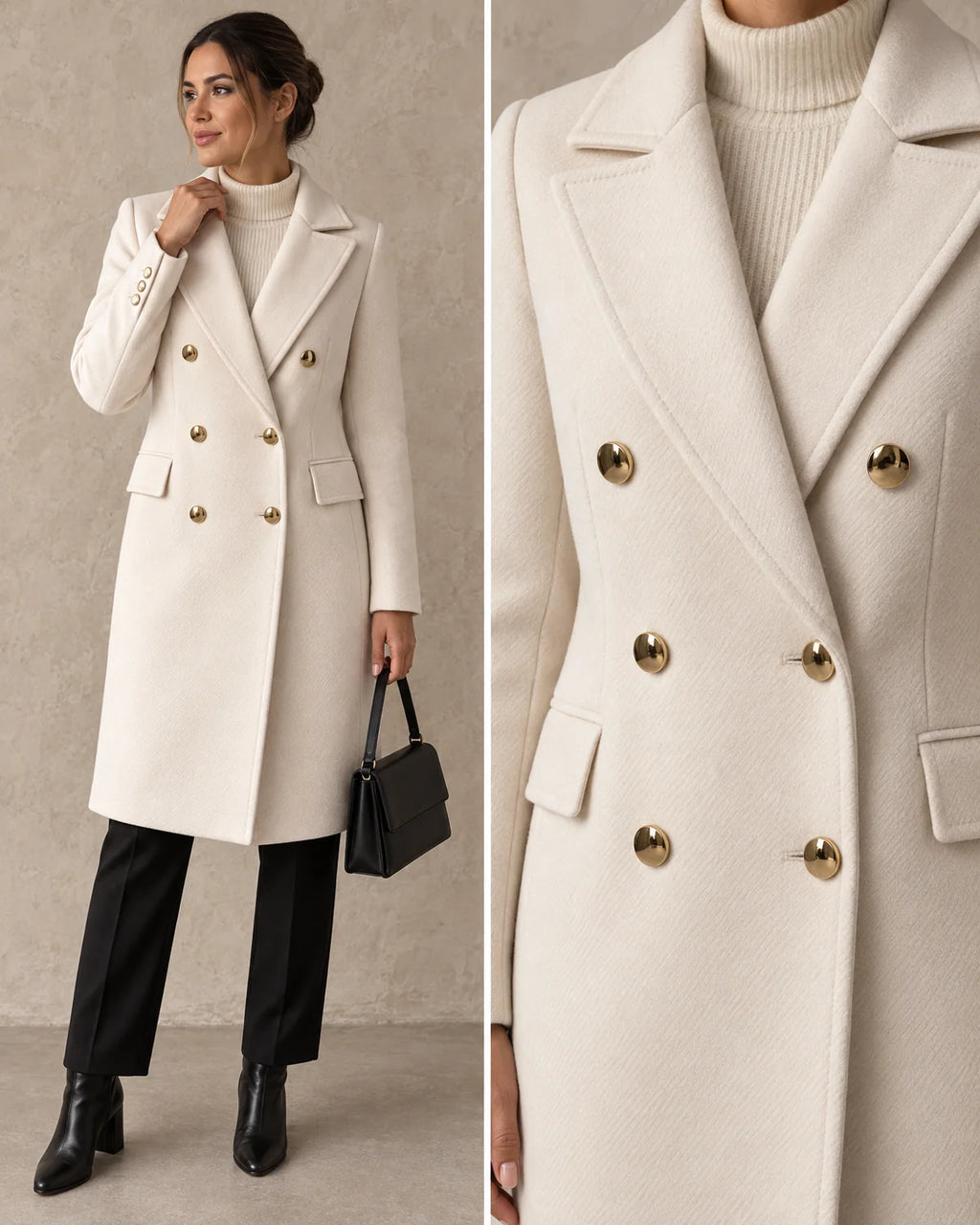 Nette Knielange Winterjas Dames in Beige, gedragen door model, detail