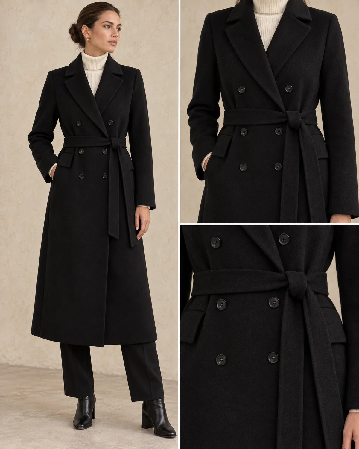 Lange Winterjas Dames Dubbelrij met Ceintuur in Zwart, gedragen door model, detail