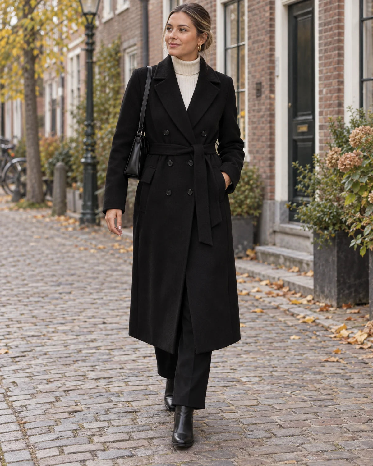 Lange Winterjas Dames Dubbelrij met Ceintuur in Zwart, gedragen door model, buiten