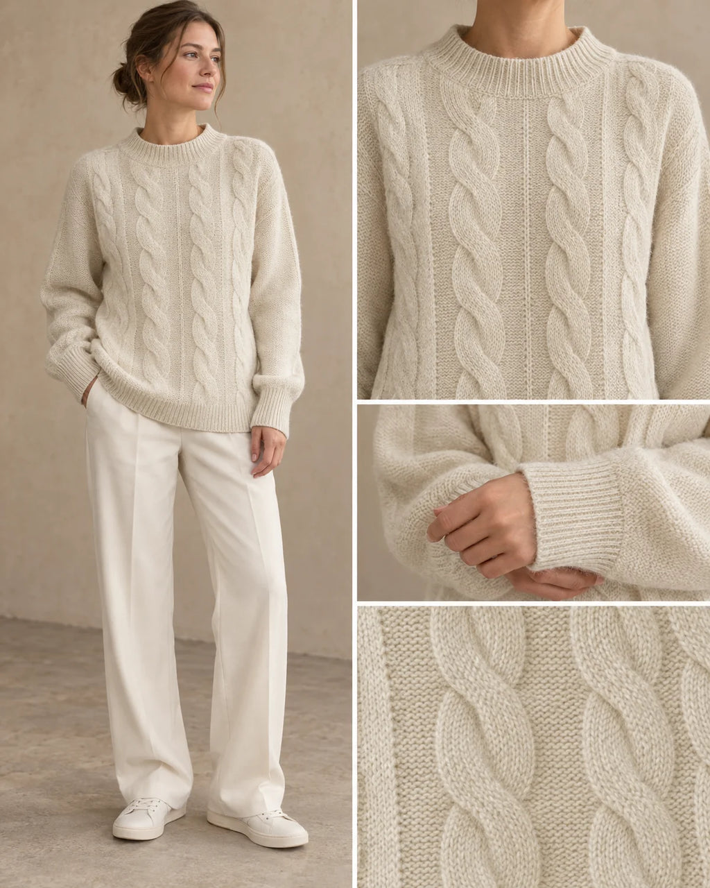 Warme Trui Dames met Kabelpatroon in Beige, gedragen door model, detail