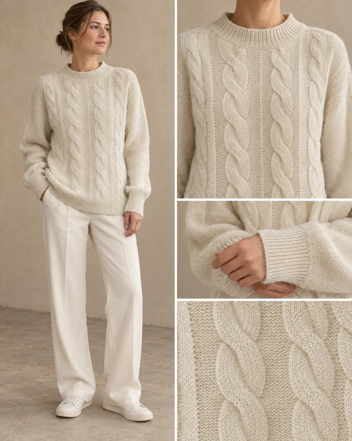 Warme Trui Dames met Kabelpatroon in Beige, gedragen door model, detail