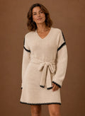 Gebreide Jurk Dames met V-Hals en Ceintuur in Beige, productfoto