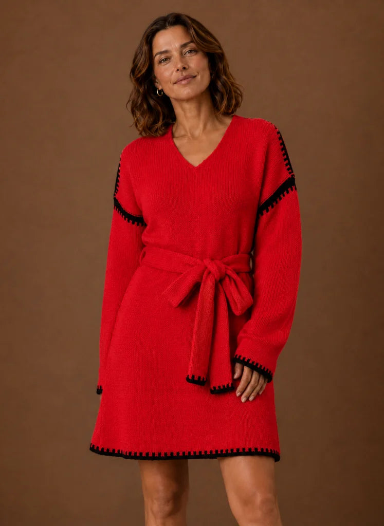 Gebreide Jurk Dames met V-Hals en Ceintuur in Rood, productfoto