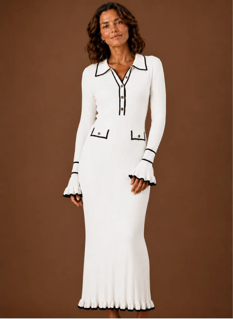 Gebreide Maxi-Jurk Dames met Col in Wit, productfoto