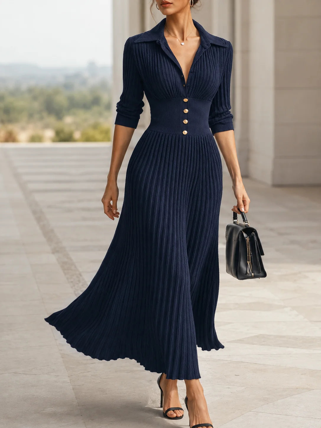 Gebreide Maxi-Jurk Dames met Knopen in Marineblauw, productfoto