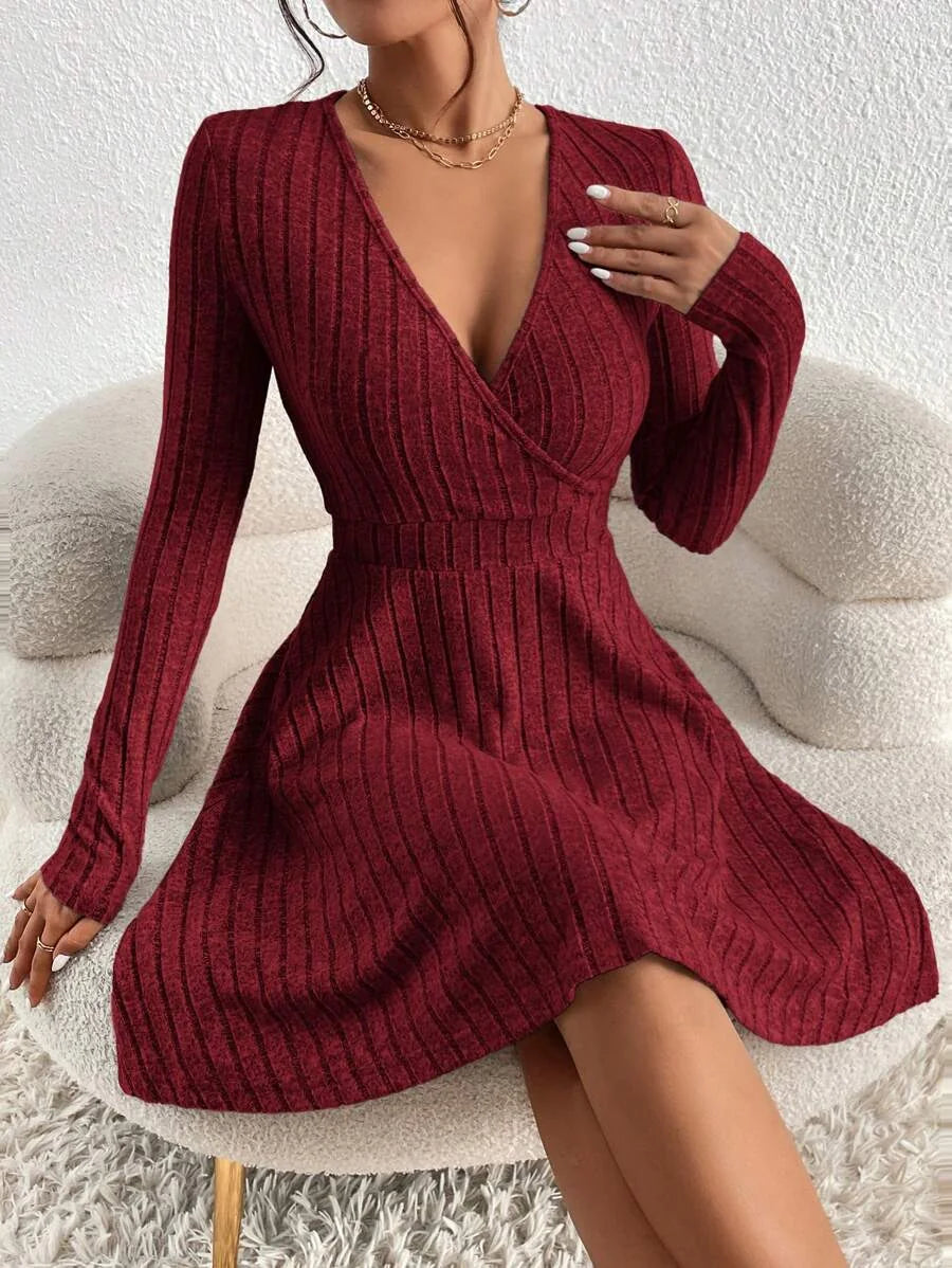 Geribde Mini-Jurk Dames met Overslag in Bordeaux, productfoto