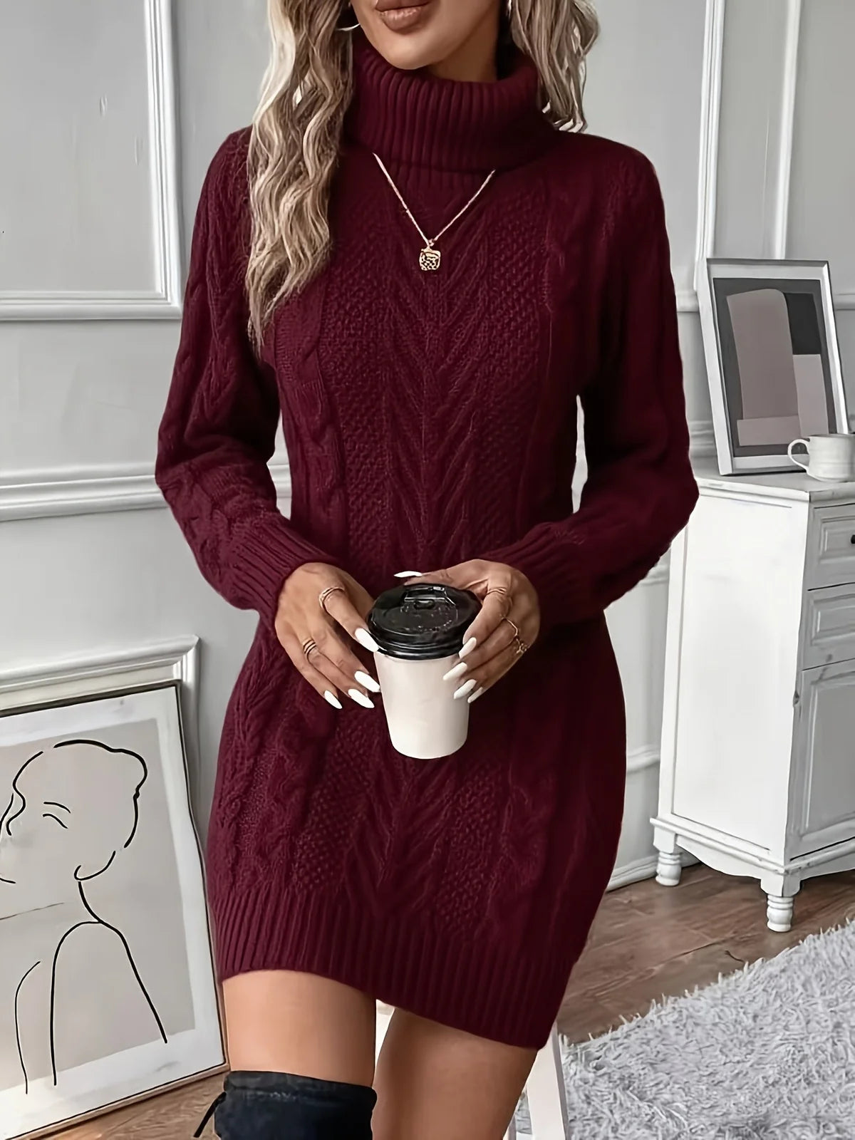 Kabelgebreide Jurk Dames met Col in Bordeaux, productfoto