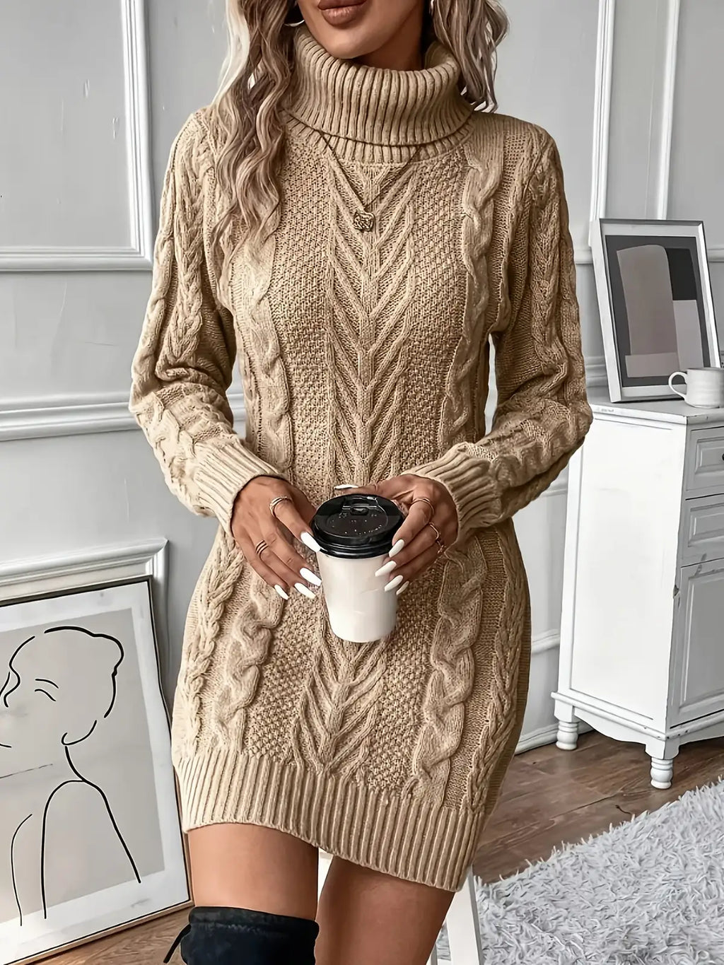 Kabelgebreide Jurk Dames met Col in Khaki, productfoto