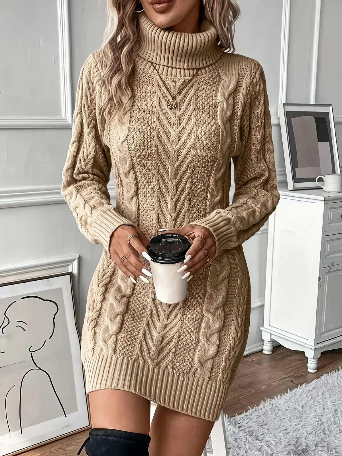 Kabelgebreide Jurk Dames met Col in Khaki, productfoto