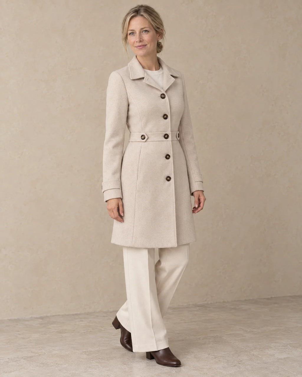 Knielange Getailleerde Jas Dames met Knopen in Beige, gedragen door model, driekwart aanzicht