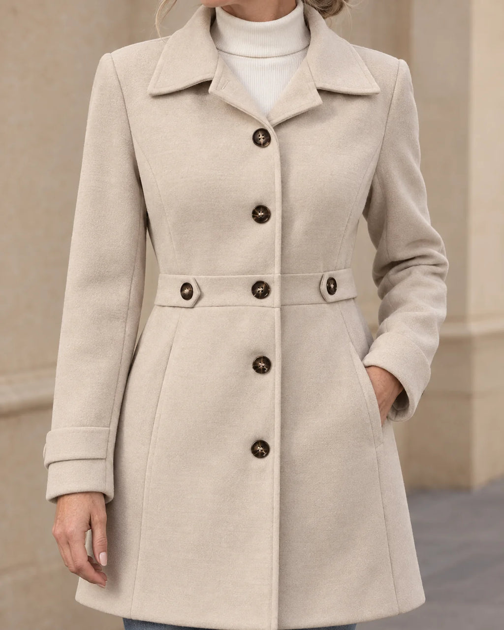 Knielange Getailleerde Jas Dames met Knopen in Beige, gedragen door model, detail