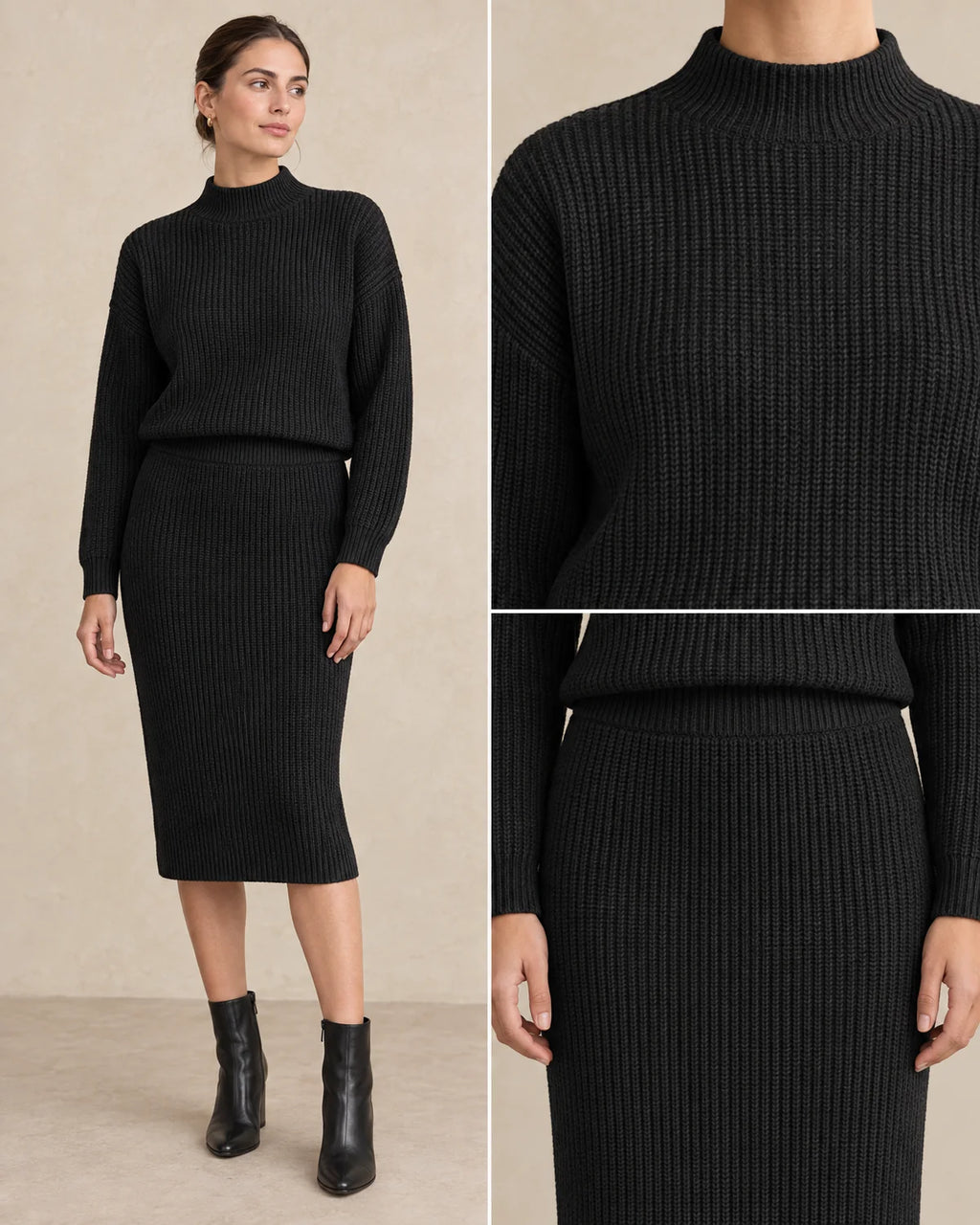 Gebreide Co-ord Set Dames met Rok in Zwart, gedragen door model, detail