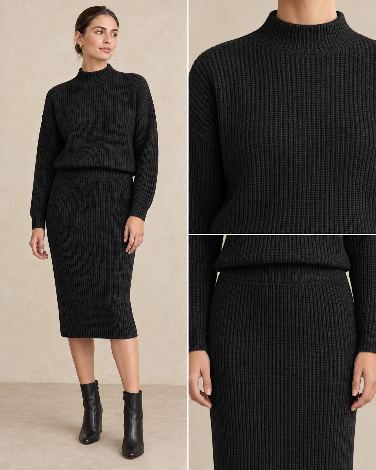 Gebreide Co-ord Set Dames met Rok in Zwart, gedragen door model, detail