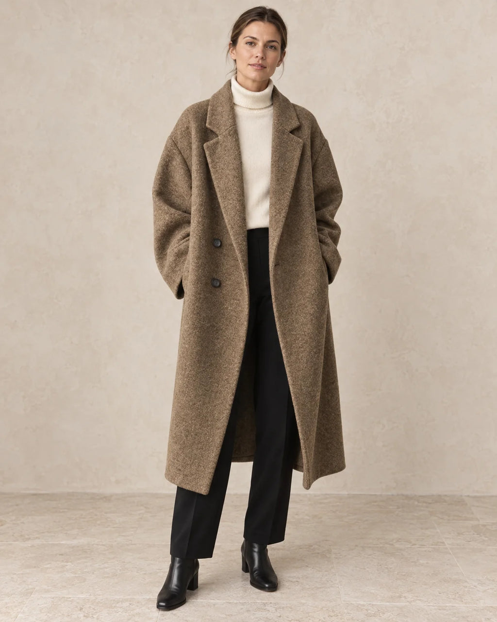 Lange Oversized Winterjas Dames in Bruin, gedragen door model, vooraanzicht