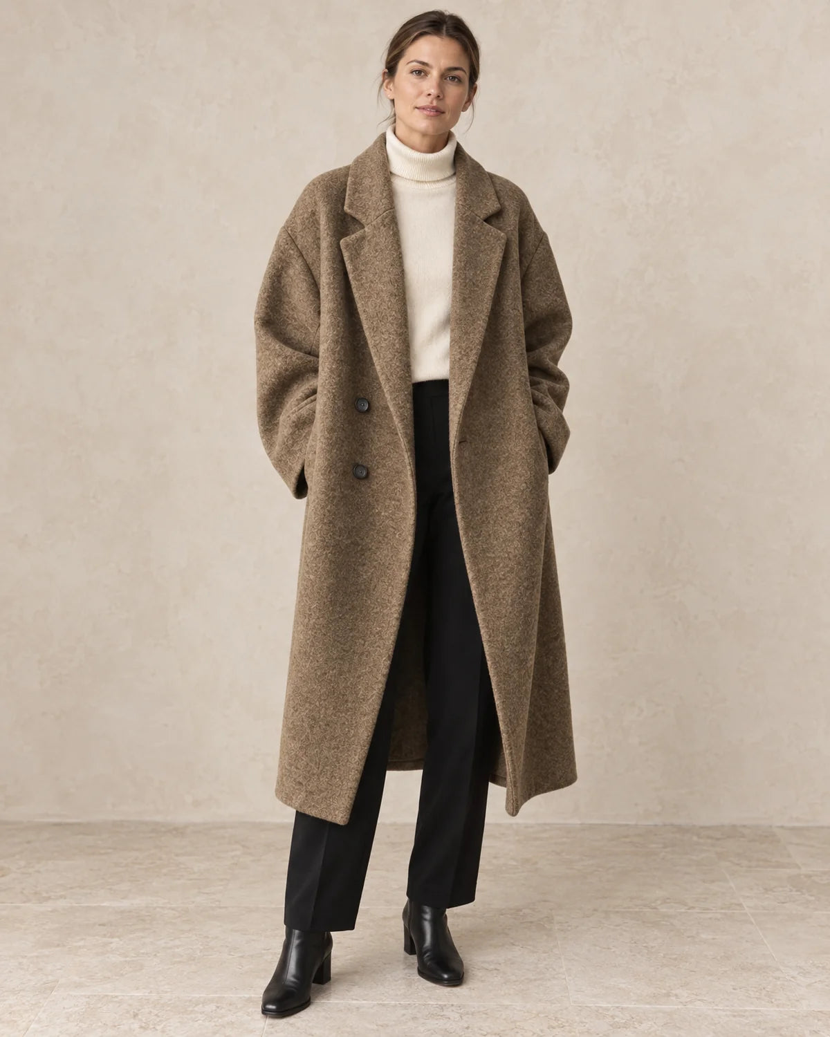Lange Oversized Winterjas Dames in Bruin, gedragen door model, vooraanzicht