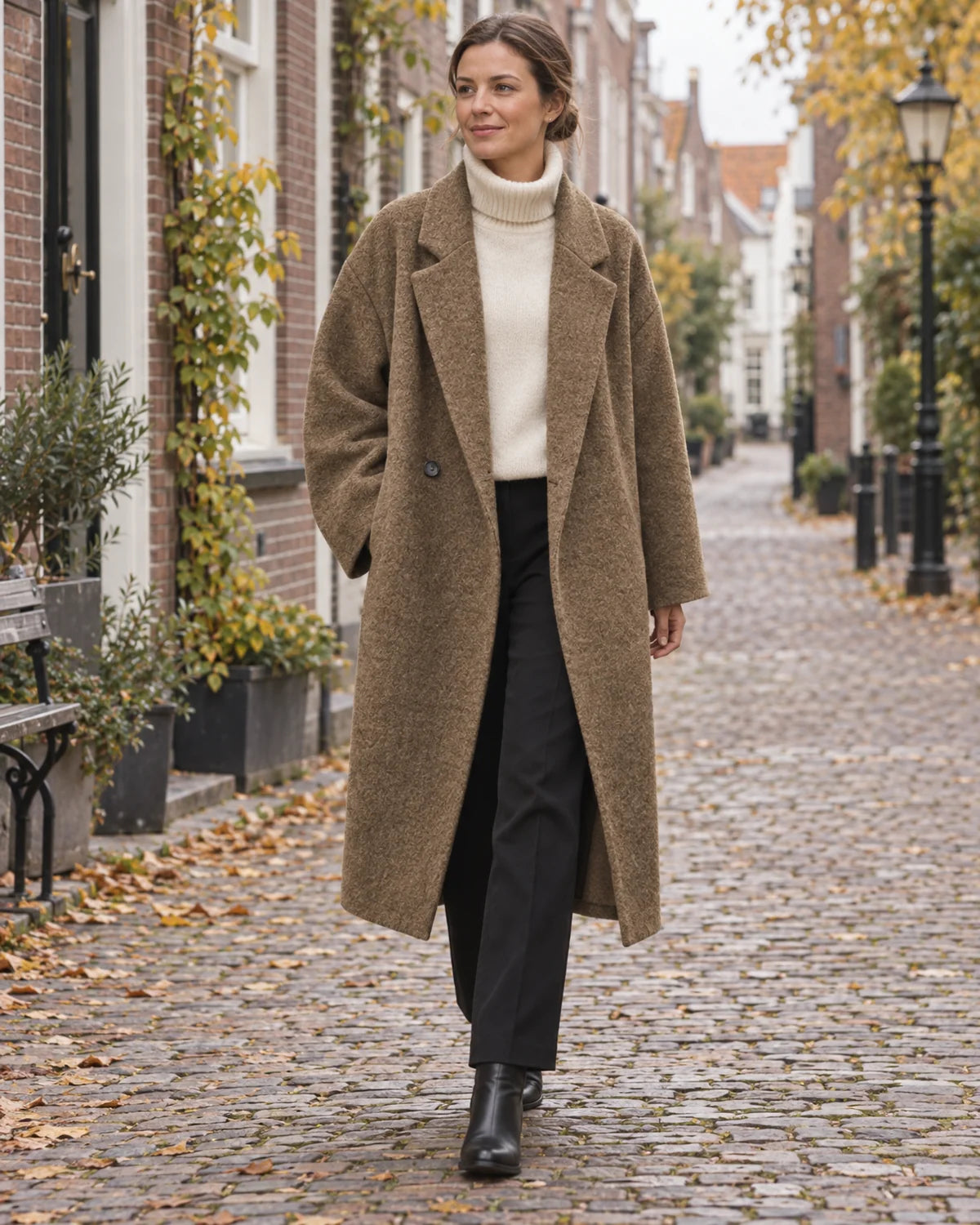 Lange Oversized Winterjas Dames in Bruin, gedragen door model, buiten