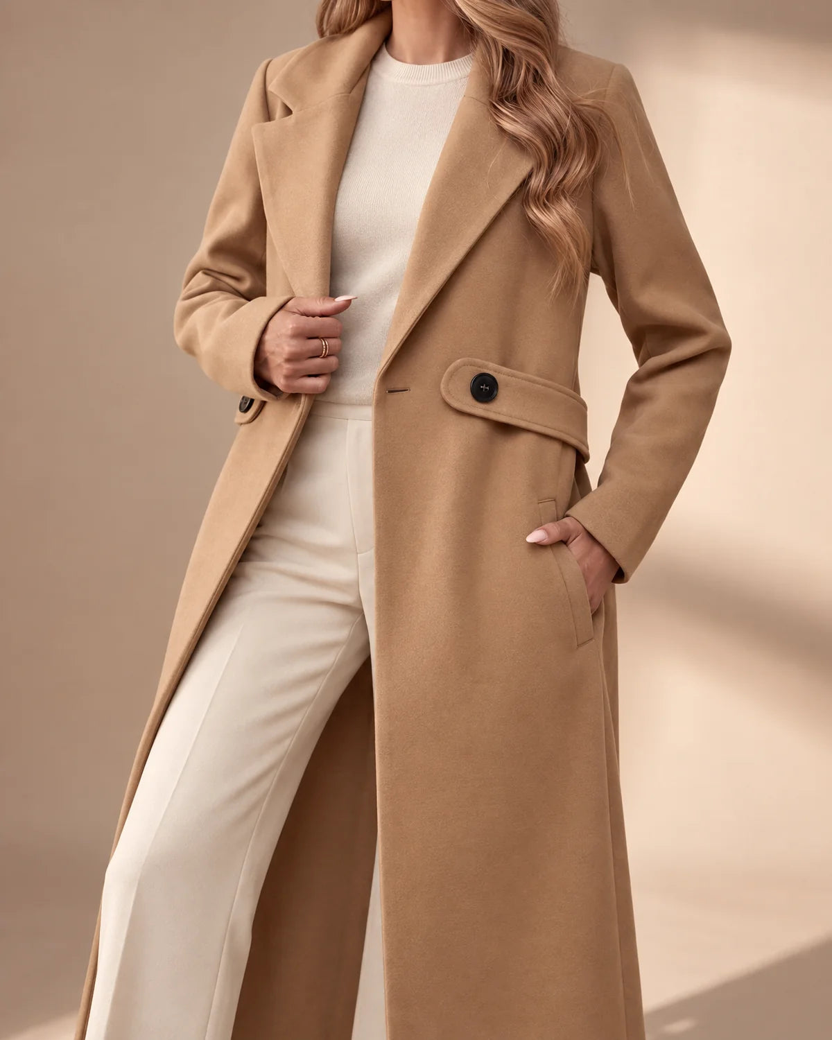 Lange Getailleerde Jas Dames met Zijzakken in Camel, gedragen door model, detail