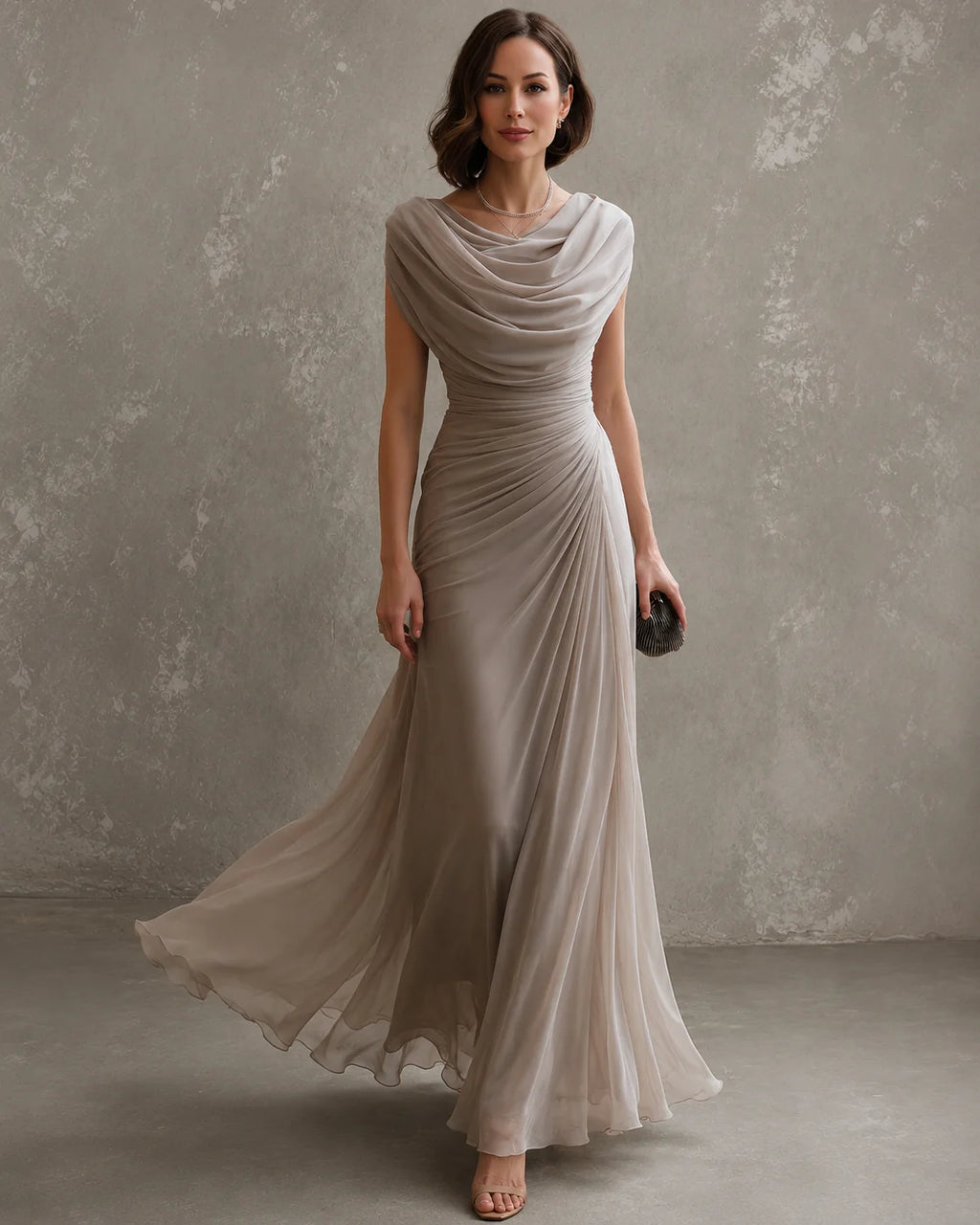 Maxi-Jurk Dames Bruiloftsgast met Waterval-Hals in Beige, productfoto