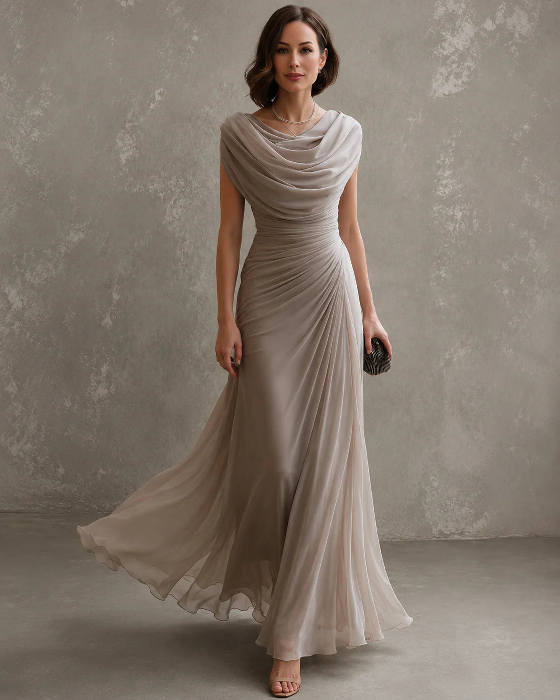 Maxi-Jurk Dames Bruiloftsgast met Waterval-Hals in Beige, productfoto