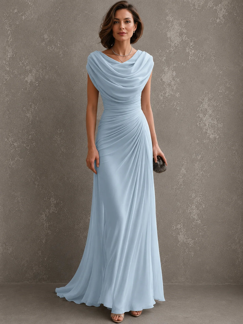Maxi-Jurk Dames Bruiloftsgast met Waterval-Hals in Blauw, productfoto