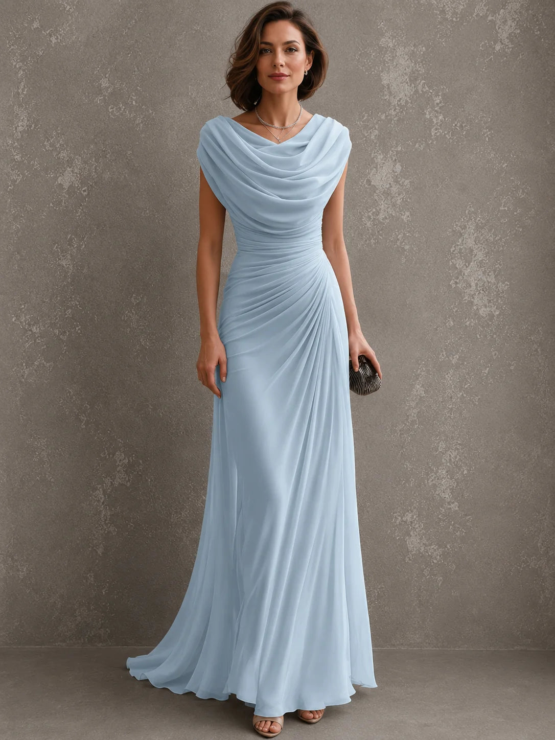 Maxi-Jurk Dames Bruiloftsgast met Waterval-Hals in Blauw, productfoto